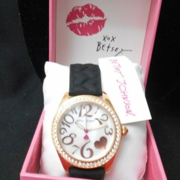 Betsey Johnson Jewelry - Betsey Johnson Black Rose Gold Watch Hearts